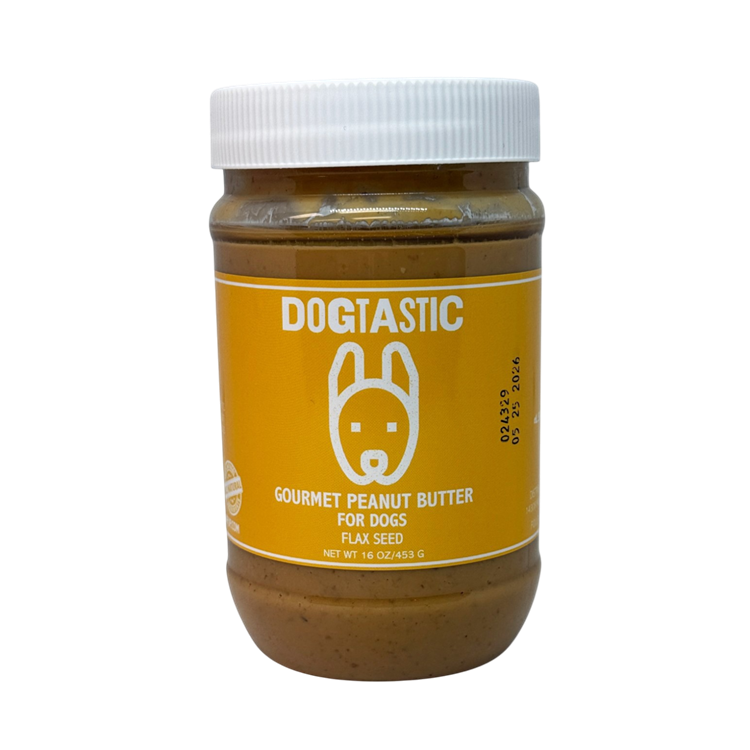 SodaPup Dogtastic Gourmet Peanut Butter for Dogs with Flax Seed, treat jar showing creamy peanut butter for dogs.