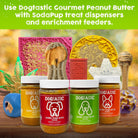 Dogtastic Gourmet Peanut Butter for Dogs with Flax Seed by SodaPup/True Dogs, LLC, in a jar with a spoon ready for treats.