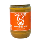 Dogtastic Gourmet Peanut Butter treats for dogs by SodaPup with pumpkin and flax seed flavor, in a jar with a dog treat label.